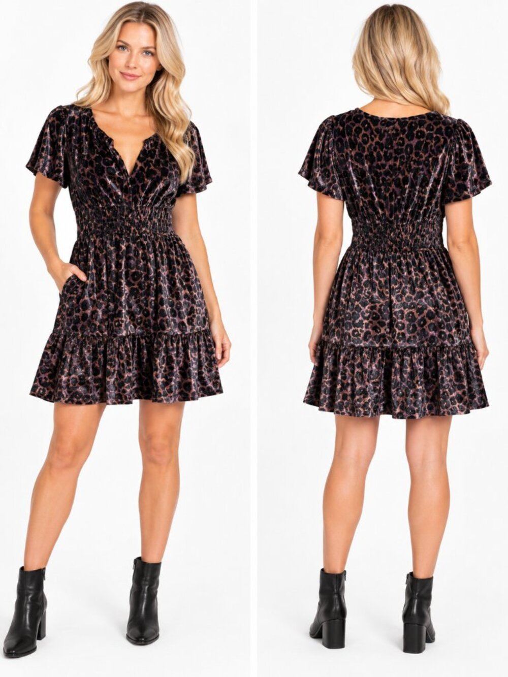 French Connection Velvet Leopard Print Tiered Mini Dress Women’s L NWT